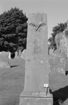 Digital copy of photograph of obelisk commemorating George Dawson, died (?)45 and his sons, Thomas, John, John, Andrew and Alexander (died in infancy).
Survey no. 30

