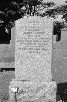 Digital copy of photograph of headstone commemorating James Dobson, d.1924 and his wife Mary dickson Hall, d.1924.
Survey no. 63
