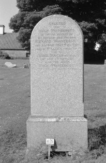 Digital copy of photograph of headstone commemorating Richard Whitecross and Alison Watt, William Watt, Jesse Duncan, d.1914 and Hugo Whitecross, d.1918.
Survey no. 65

