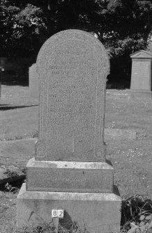 Digital copy of photograph of headstone commemorating, George Cairns Leishman, d.1918, Victor Haig, d.1919, and Alice Maggie Bisset, d.1968. 
Survey no. 82
