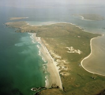 General oblique aerial view looking across the dunes of Eolaigearraidh, taken from the SW.