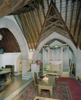 Interior. General view of organ and stone arches.