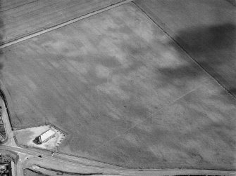 Oblique aerial view centred on the cropmarks of the pit alignment, pit enclosure, possible barrows and rig at Inchbare, looking to the E.