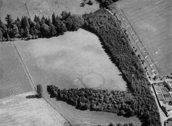 Oblique aerial view centred on the cropmarks of an enclosure and pits at Balhary, looking to the NE.