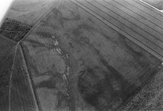 Oblique aerial view centred on the cropmarks of the unenclosed settlement, ring ditches, souterrains and rig at Westside, looking to the NW.