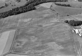 Oblique aerial view centred on the cropmarks of possible enclosures, pits and rig at Kinalty with the farmstead adjacent, looking to the W.