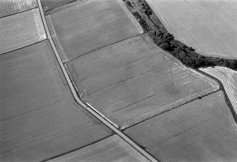 Oblique aerial view centred on the cropmarks of the enclosures, ring ditches and pits at Kirkton and Balmullie Mill, looking to the WSW.