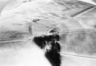 Oblique aerial view centred on the remains of rig and furrow with the farmstead adjacent at Spy Far, looking to the SSE.