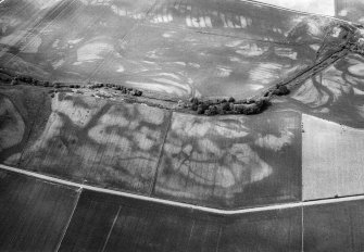 Oblique aerial view centred on the cropmarks of the enclosures, ring ditches, pits and rig at Kirkton and Balmullie Mill, looking to the NW.