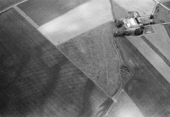 Oblique aerial view centred on the cropmarks of the souterrains and rig with the farmstead adjacent at Upper Powburn, looking to the N.