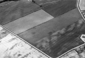 Oblique aerial view centred on the cropmarks of the pit alignment, pit enclosure and rig at Inchbare, looking to the SSE.