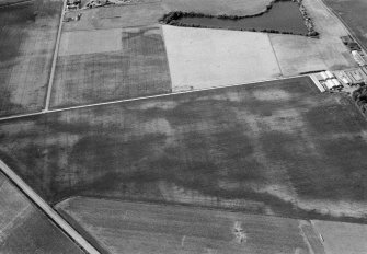 Oblique aerial view centred on the cropmarks of the roundhouses and ring ditches of the unenclosed settlement with the farmstead adjacent at Newbigging, looking to the N.