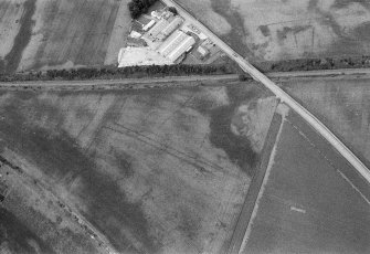 Oblique aerial view centred on the cropmarks of the Roman Temporary Camp, linear features, enclosure, pits and rig at Gilrivie with the farmstead adjacent, looking to the NW.