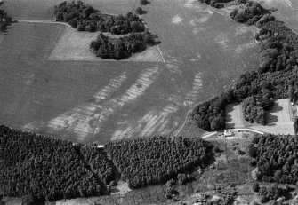 Oblique aerial view centred on the cropmarks of the unenclosed settlement, roundhouses, souterrains, pits and rig at Kinnaird Castle, looking to the NNW.