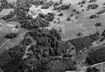 Oblique aerial view centred on the cropmarks of the enclosure and rig with Kinnaird Castle adjacent, looking to the SE.