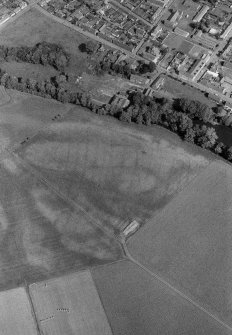 Oblique aerial view centred on the cropmarks of the pit defined cursus, pits, pit alignment and rig at Milton and Friockheim, looking to the ESE.