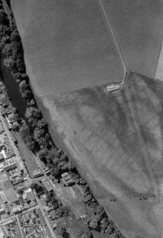 Oblique aerial view centred on the cropmarks of the pit defined cursus, pits, pit alignment and rig at Milton and Friockheim, looking to the S.