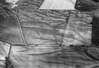 Oblique aerial view of the cropmarks of the pit defined cursus, enclosed cremation cemetery, rectilinear enclosure, ring ditch and rig at Balneaves, looking to the NNW.