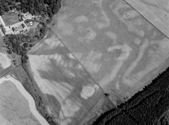 Oblique aerial view centred on the cropmarks of the enclosures, pits and rig at Balbridie, looking to the NW.