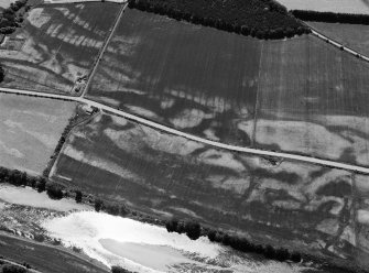 Oblique aerial view centred on the cropmarks of the enclosures, pits and rig at Balbridie, looking to the SE.