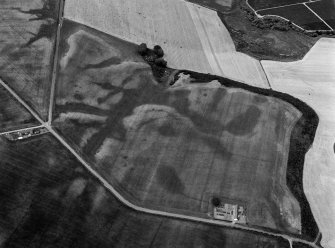 Oblique aerial view centred on the cropmarks of the enclosure at West Mains, looking to the WSW.
