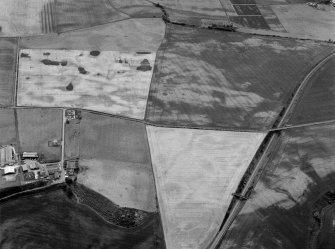 Oblique aerial view centred on the cropmarks of the unenclosed settlement, ring ditches, enclosures, rig and pits at Inverkeilor and Ironshill, looking to the SE.