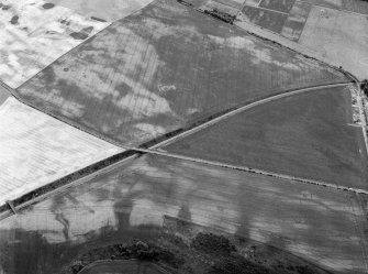 Oblique aerial view centred on the cropmarks of the unenclosed settlement, ring ditches, enclosures, rig and pits at Inverkeilor and Ironshill, looking to the SE.