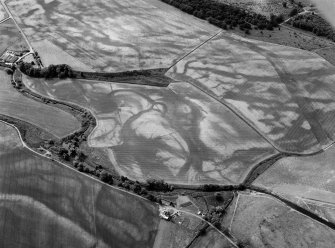 Oblique aerial view centred on the cropmarks of the enclosure, timber hall, unenclosed settlement and pits at Boysack, looking to the SW.