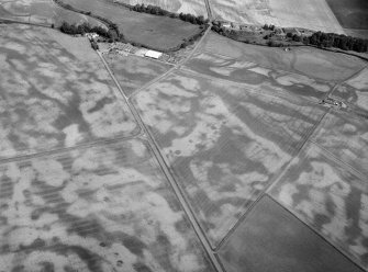 Oblique aerial view centred on the cropmarks of the unenclosed settlement, roundhouses, rig and pits at Chapelton and Boysack, looking to the NNE.