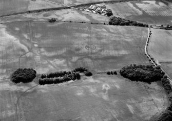 Oblique aerial view centred on the cropmarks of the enclosure, barrow, linear features, pits and rig with the farm adjacent at Gilrivie, looking to the SSE.