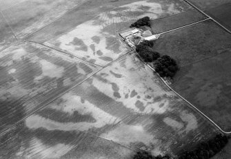 Oblique aerial view centred on the cropmarks of the soutterain, pits and rig at Balrennie with Cairndrum farmstead adjacent, looking to the E.