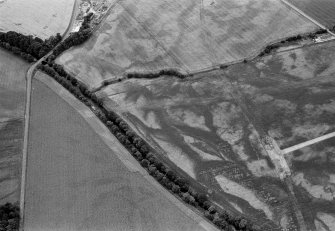 Oblique aerial view centred on the cropmarks of the round barrows, unenclosed settlement, souterrains, pits and rig at Auchenreoch, looking to the SSE.