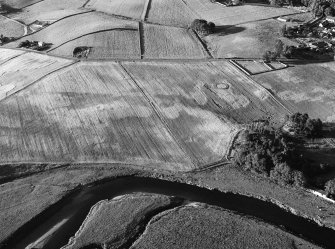 Oblique aerial view centred on the cropmarks of the barrow at Boat of Hatton with the pit defined cursus adjacent, looking to the NE.