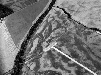 Oblique aerial view centred on the cropmarks of the round barrows, unenclosed settlement, souterrains, pits and rig at Auchenreoch, looking to the E.