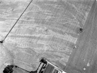 Oblique aerial view centred on the cropmarks of the rig, possible ring ditch and souterrain with the mound of Montgomery's Knap adjacent, looking to the SE.