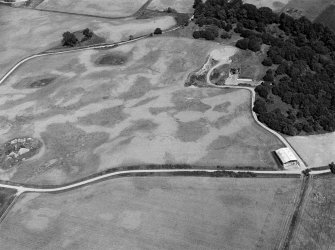 Oblique aerial view centred on the cropmarks of the unenclosed settlement, circular enclosure, ring ditch and pits at Monboddo, looking to the NE.