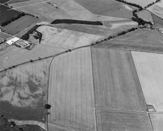 Oblique aerial view centred on the cropmarks of the enclosed settlement, ditch defined cursus, enclosure, ring ditches, barrows, pits and rig with the farmstead adjacent, looking to the NW.