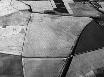 Oblique aerial view centred on the cropmarks of the enclosed settlement, ring ditches, rig, pits and enclosures at Ironshill, looking to the S.