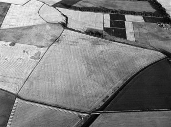 Oblique aerial view centred on the cropmarks of the enclosed settlement, ring ditches, rig, pits and enclosures at Ironshill, looking to the SSE.