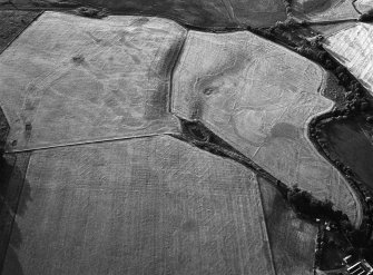 Oblique aerial view centred on the cropmarks of the unenclosed settlement, ring ditches, souterrains, enclosures, pits and rig at Boysack, looking to the N.