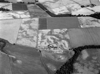 General oblique aerial view of the cropmarks of the unenclosed settlement, roundhouses and field boundary at Templeton and the farmhouse with Chapelton in the distance, looking to the NNE.