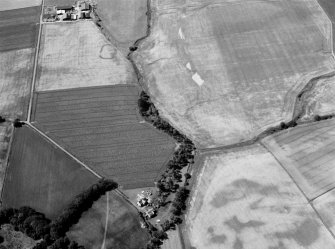 Oblique aerial view of the cropmarks of the enclosure at West Mains of Colliston with the cropmarks at Newton in the foreground, looking to the SW.