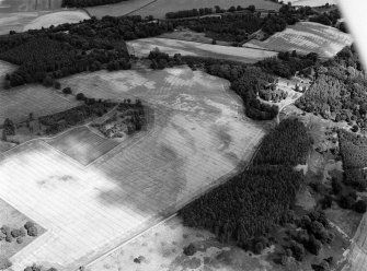 Oblique aerial view centred on the cropmarks of the unenclosed settlement, roundhouses, souterrains, pits and rig at Kinnaird Castle, looking to the NE.