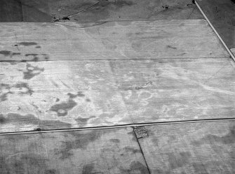 Oblique aerial view centred on the cropmarks of the square barrow, roundhouses, subrectangular buildings, ring ditch and pits at Kinchyle and Little Kildrummie, looking to the SW.