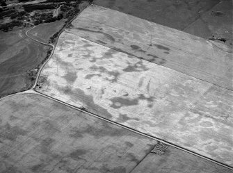 Oblique aerial view centred on the cropmarks of the square barrow, roundhouses, subrectangular buildings, ring ditch and pits at Kinchyle and Little Kildrummie, looking to the SSW.