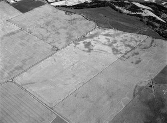 Oblique aerial view centred on the cropmarks of the square barrow, roundhouses, subrectangular buildings, ring ditch and pits at Kinchyle and Little Kildrummie, looking to the ESE.