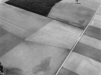 Oblique aerial view centred on the cropmarks of the enclosure and pits at Dryburn, looking to the SSW.