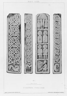 Cross-shaft at Monifieth, Stuart no.1 (Allen and Anderson no.4).
From J Stuart, The Sculptured Stones of Scotland, vol. ii, plate lxxx.