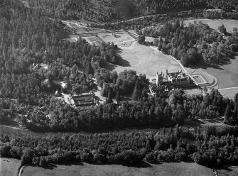 Oblique aerial view centred on Balmoral Castle and Policies, looking to the SSE.