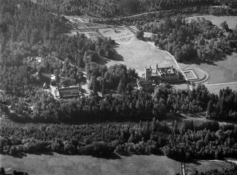 Oblique aerial view centred on Balmoral Castle and Policies, looking to the SSE.